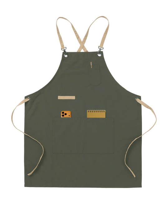 Olive Green Unisex Bib Apron with Ergonomic Cross-Back Strap System by Sheenfon