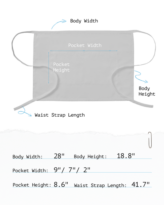 A size measurement diagram for Sheenfon apron, showing a front view with labeled dimensions for body width, body height, pocket width, and waist strap length, plus a text list of measurements below on a white background.