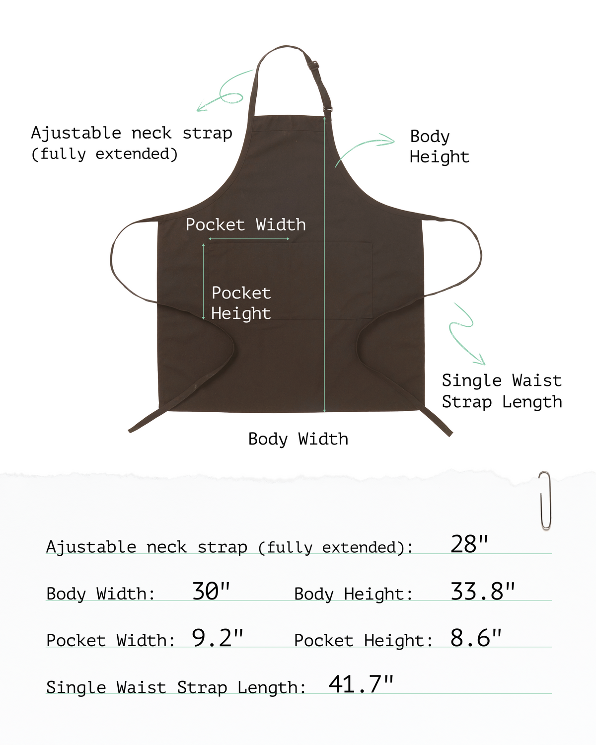 A size measurement diagram for a Sheenfon brown bib apron, showing labeled dimensions for neck strap, body height, pocket width, pocket height, body width, and single waist strap length, with corresponding measurements listed below on a white background.