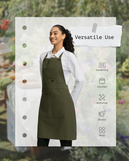 A woman wearing an olive green bib apron by Sheenfon over a white shirt, standing in front of a blurred garden background. A paper-style label reads 'Versatile Use' with icons for gardening, kitchen, workshop, studio, and more.