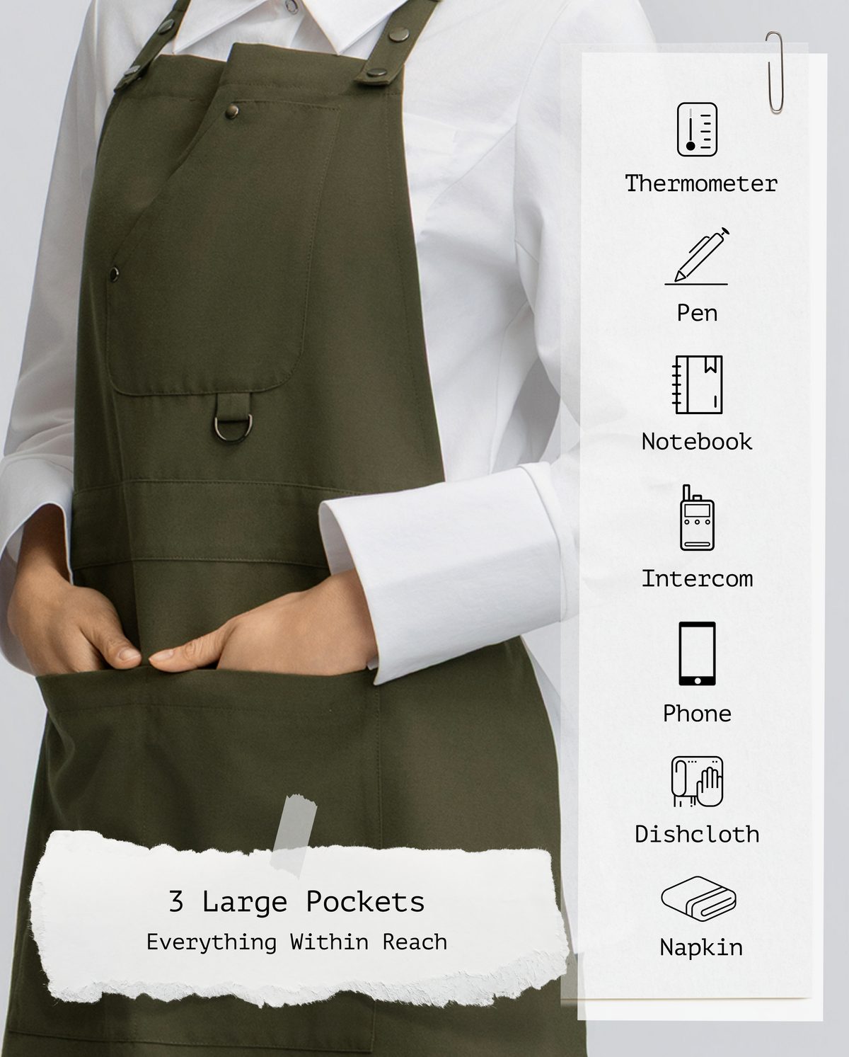 Sheenfon olive green bib apron worn by a model over a white collared shirt, featuring three large front pockets and a vertical graphic panel listing included accessories such as a thermometer, pen, notebook, intercom, phone, dishcloth, napkin, and a note about 3 large pockets.