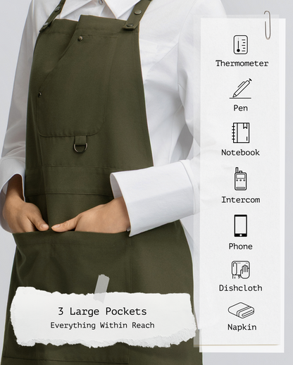 Sheenfon olive green bib apron worn by a model over a white collared shirt, featuring three large front pockets and a vertical graphic panel listing included accessories such as a thermometer, pen, notebook, intercom, phone, dishcloth, napkin, and a note about 3 large pockets.