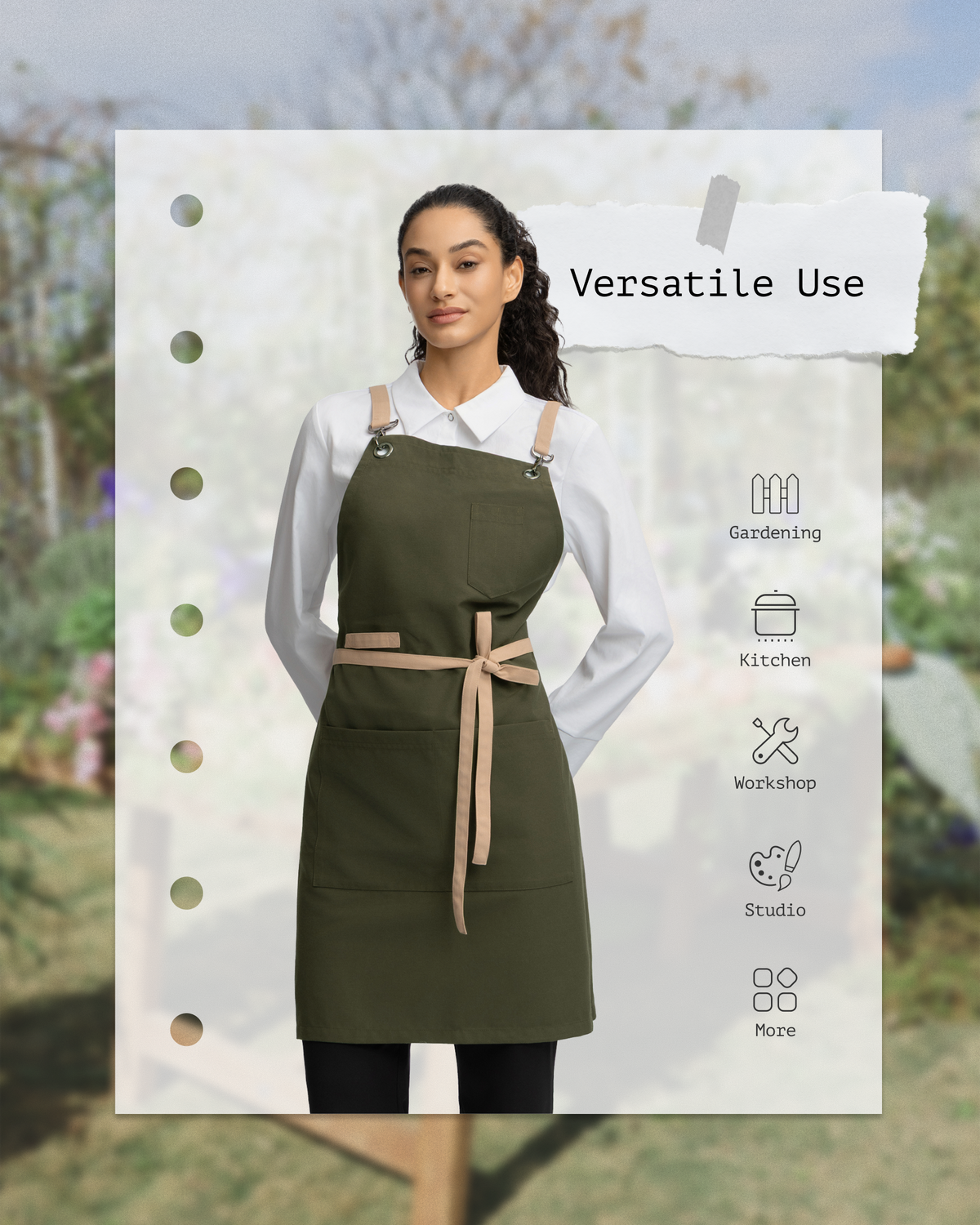 A woman wearing Sheenfon olive green apron over a white collared shirt, standing in front of a styled background with text reading 'Versatile Use' and icons for gardening, kitchen, workshop, studio, and more.
