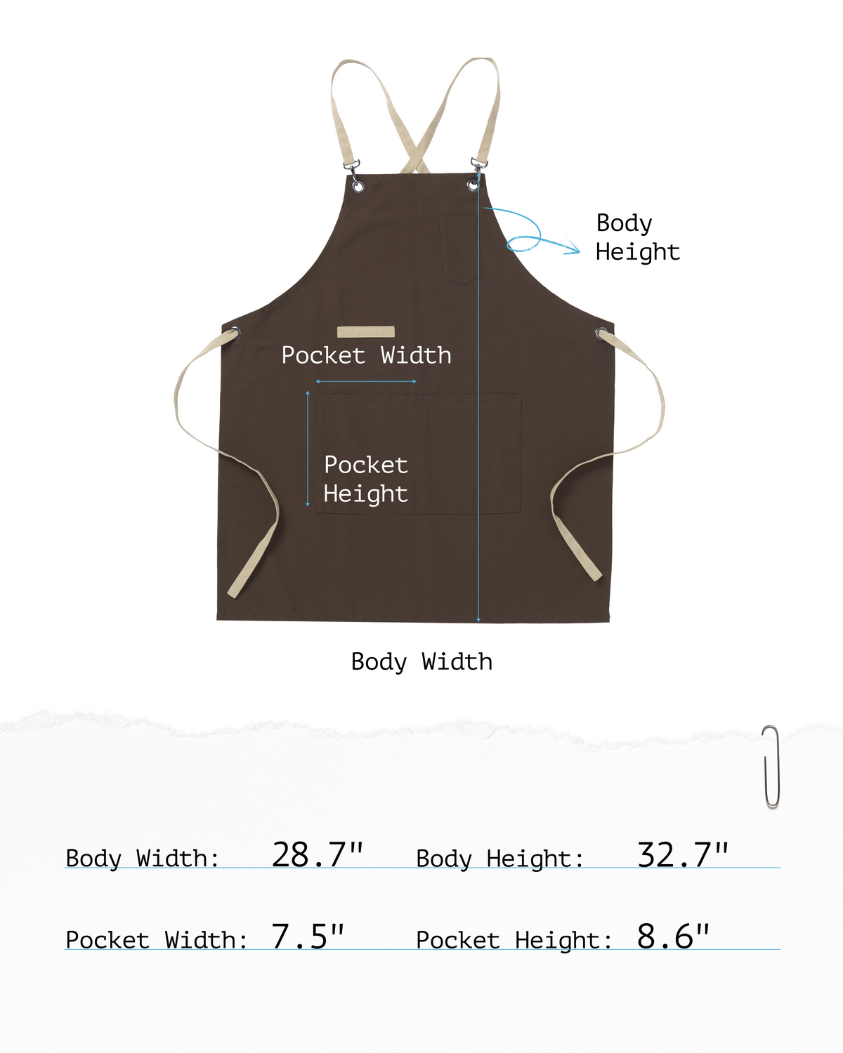 Sheenfon brown apron with beige straps and a front pocket, shown with measurement labels and dimensions on a white background.