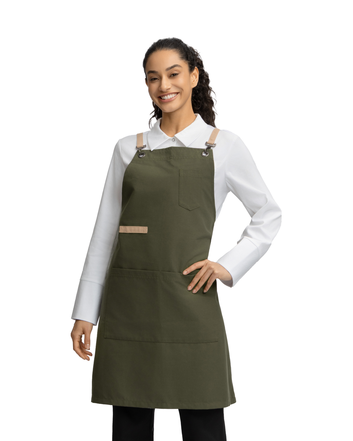 Olive Green Unisex Bib Apron with Cross-Back Straps & 4 Pockets by Sheenfon