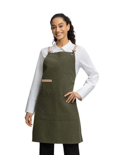 Olive Green Unisex Bib Apron with Cross-Back Straps & 4 Pockets by Sheenfon