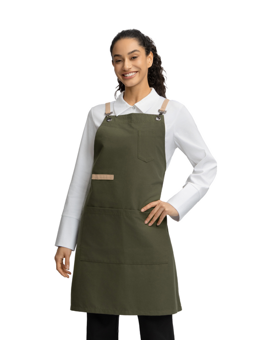Olive Green Unisex Bib Apron with Cross-Back Straps & 4 Pockets by Sheenfon
