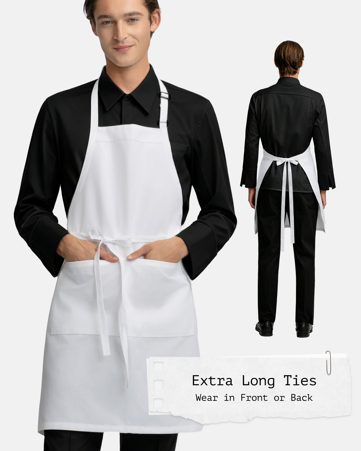 Sheenfon white apron with extra long ties, shown on a male model from both the front and back. 