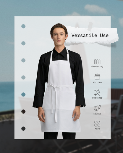 A man wearing a Sheenfon white apron over a black shirt stands in front of a light blue sky and water background. A graphic overlay on the right reads 'Versatile Use' with icons and text for Gardening, Kitchen, Workshop, Studio, and More.